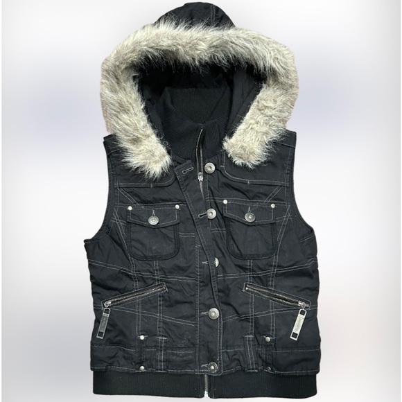 NWOT Maurice’s BLACK Quilted Cotton Faux Fur Hooded Vest- Fur is Removable. SZ M - Picture 1 of 7